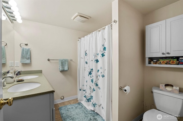 bathroom with tile patterned flooring, a sink, toilet, and double vanity