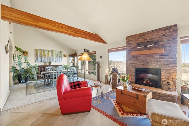 living room with tile patterned flooring, a fireplace, high vaulted ceiling, and beamed ceiling