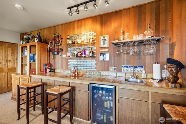 bar featuring wooden walls, beverage cooler, wet bar, and a sink