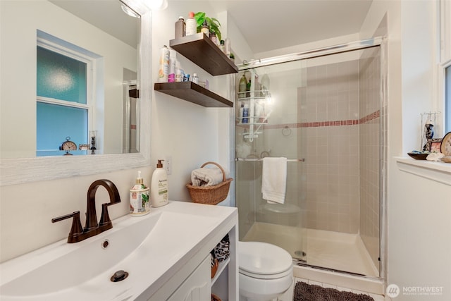 bathroom with toilet, a shower stall, and vanity