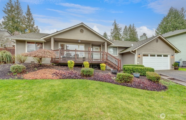 ranch-style home featuring a garage, a shingled roof, a chimney, aphalt driveway, and a front lawn