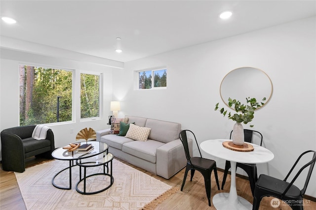 living area featuring light wood-type flooring and recessed lighting