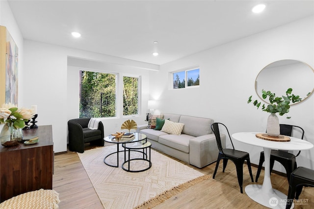living room featuring light wood finished floors and recessed lighting