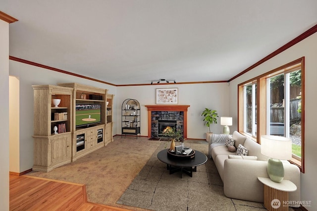 living area featuring light wood-type flooring, baseboards, ornamental molding, and a fireplace