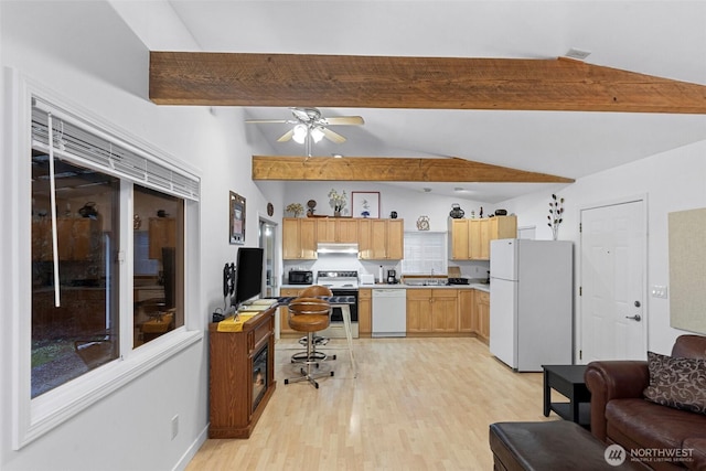 kitchen featuring lofted ceiling with beams, white appliances, a sink, light wood-style floors, and light countertops