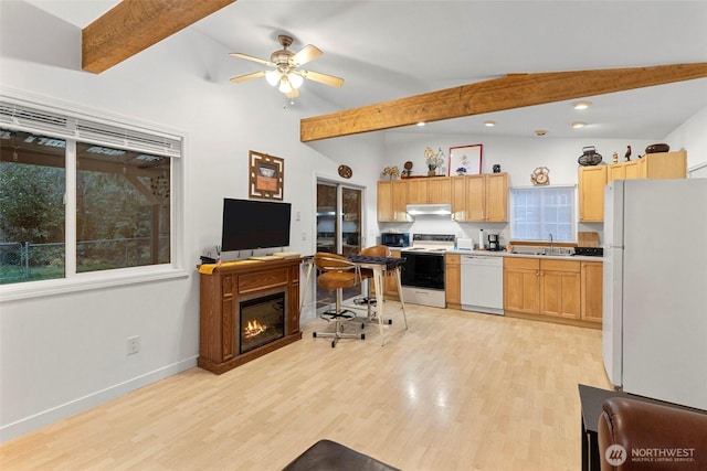 kitchen with light wood-type flooring, white appliances, under cabinet range hood, and a sink