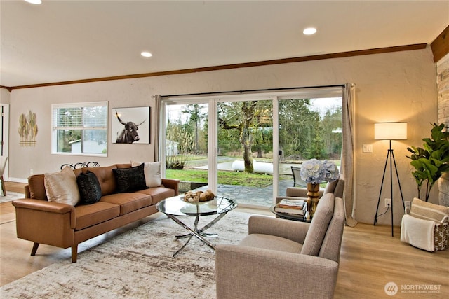 living room with ornamental molding, light wood-style flooring, and recessed lighting