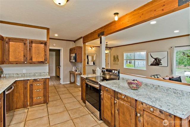 kitchen with recessed lighting, stainless steel appliances, ornamental molding, beam ceiling, and brown cabinetry