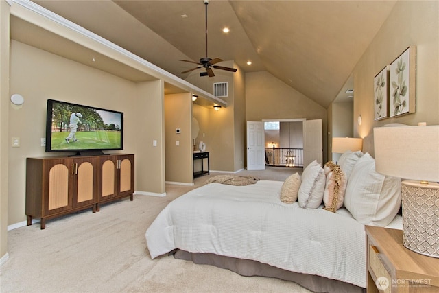 bedroom featuring visible vents, baseboards, carpet, high vaulted ceiling, and recessed lighting