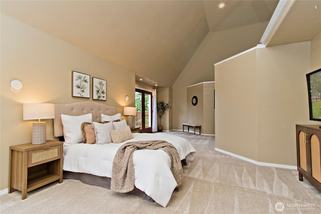 bedroom with high vaulted ceiling, recessed lighting, carpet, and baseboards