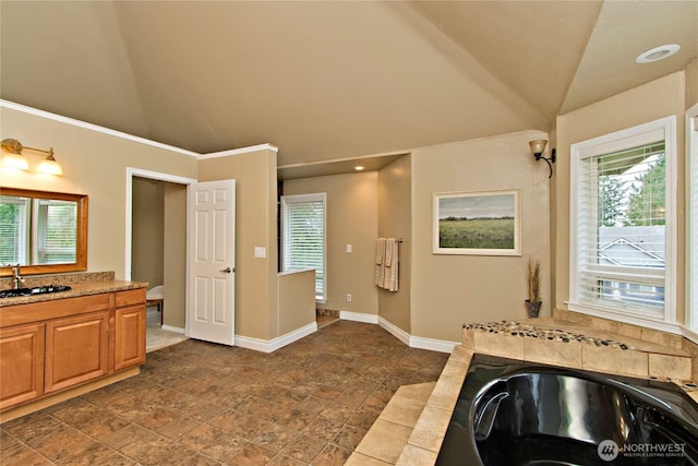 full bath featuring vaulted ceiling, vanity, a wealth of natural light, and baseboards