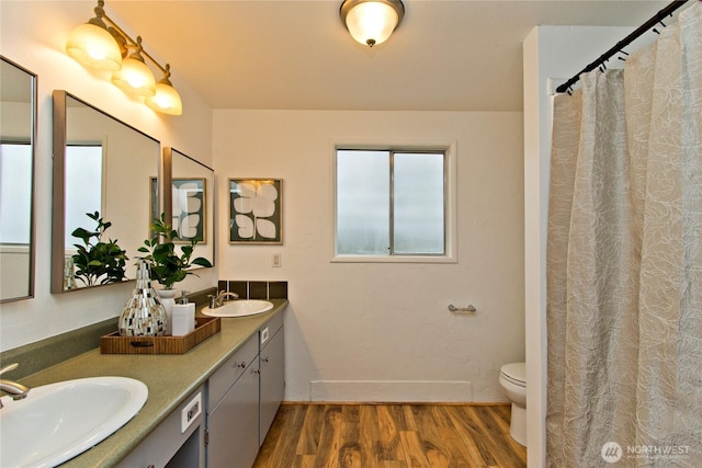 bathroom featuring double vanity, a sink, toilet, and wood finished floors