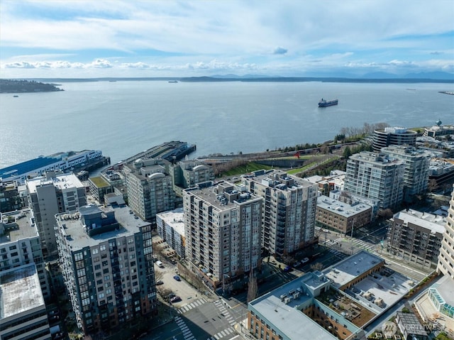 aerial view with a water view and a city view