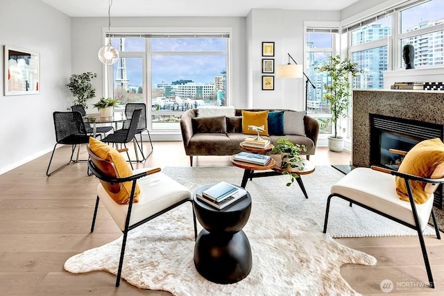 living area featuring baseboards, a glass covered fireplace, wood finished floors, and a city view