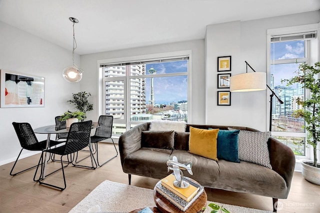 living area featuring light wood-style floors, a view of city, plenty of natural light, and baseboards