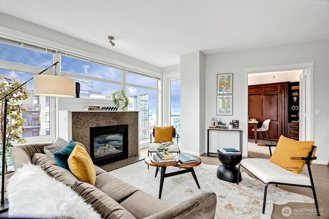 living room with a high end fireplace, baseboards, and wood finished floors