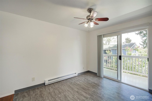 unfurnished room featuring baseboards, ceiling fan, baseboard heating, and wood finished floors