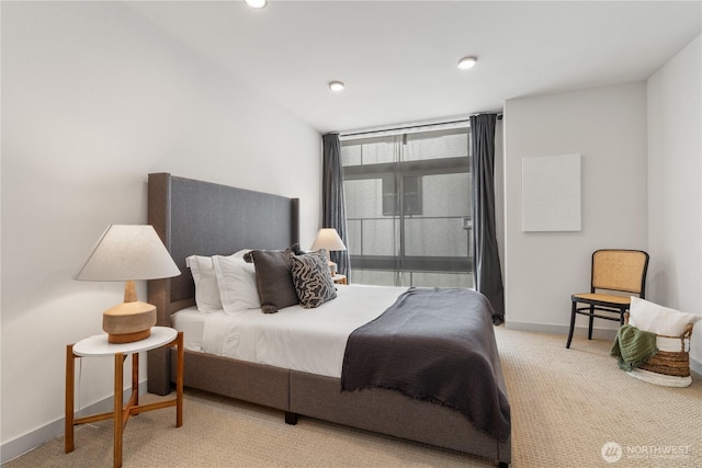 bedroom featuring recessed lighting, baseboards, and carpet flooring