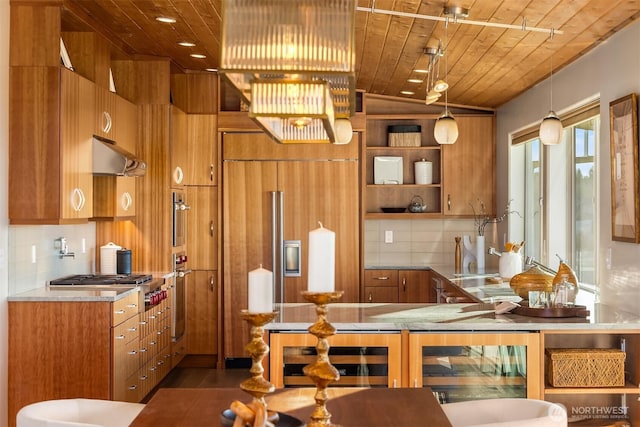 kitchen with decorative backsplash, wooden ceiling, brown cabinets, stainless steel appliances, and open shelves