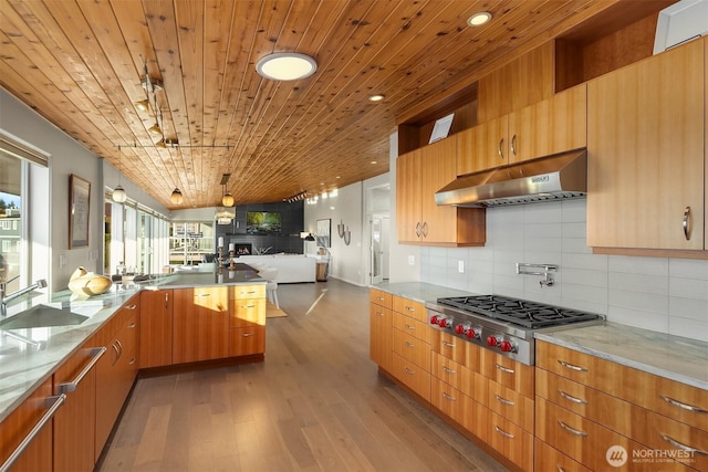 kitchen with decorative backsplash, modern cabinets, wood finished floors, under cabinet range hood, and stainless steel gas cooktop