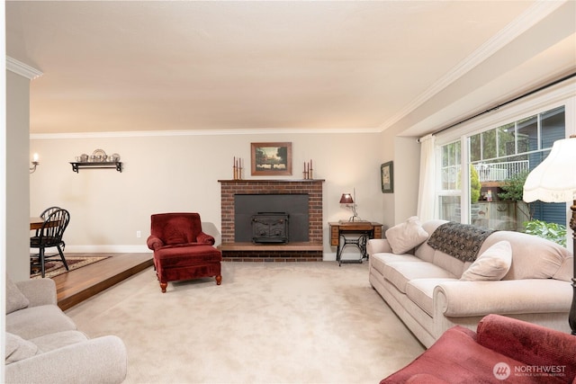 living room with light carpet, baseboards, a wood stove, and crown molding