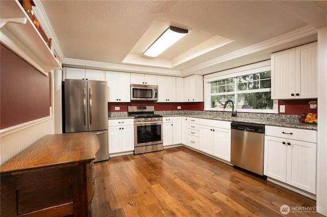 kitchen featuring wainscoting, dark wood-style floors, appliances with stainless steel finishes, ornamental molding, and a tray ceiling