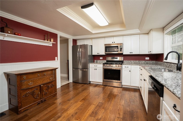 kitchen featuring a wainscoted wall, appliances with stainless steel finishes, light stone counters, a tray ceiling, and a sink