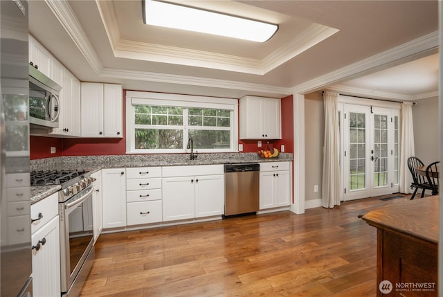 kitchen featuring light stone counters, appliances with stainless steel finishes, a raised ceiling, and a sink