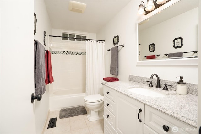 full bathroom with visible vents, toilet, shower / bath combo, vanity, and tile patterned floors