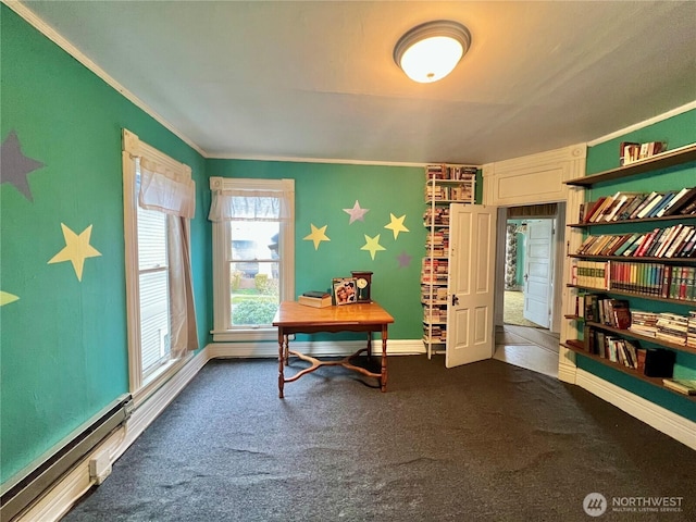 office space featuring baseboards, dark carpet, a baseboard radiator, and crown molding