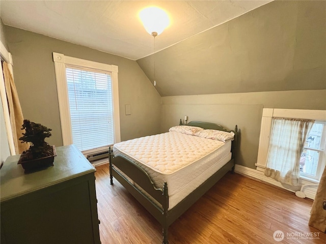 bedroom featuring vaulted ceiling, multiple windows, and wood finished floors