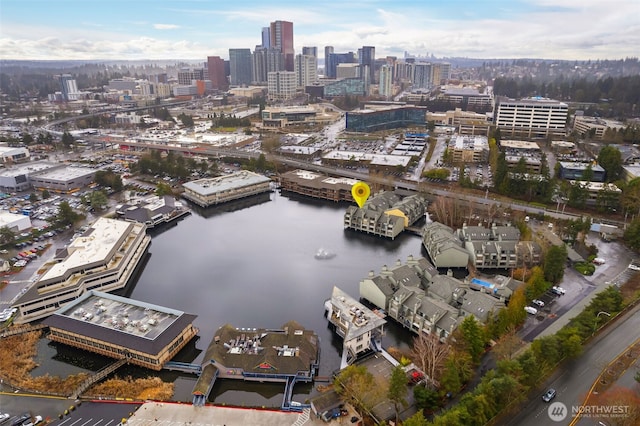 bird's eye view featuring a water view and a city view