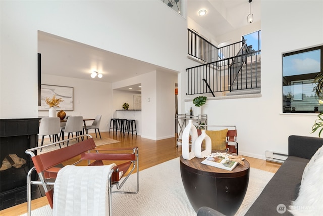 living area featuring a baseboard radiator, a towering ceiling, baseboards, and wood finished floors