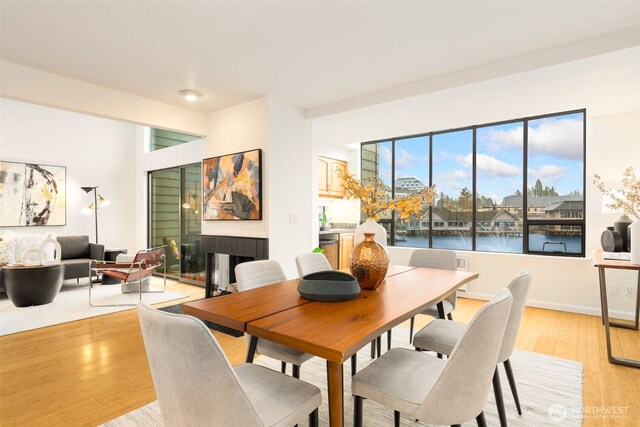 dining room featuring light wood-type flooring, a water view, and a tiled fireplace