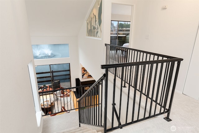 staircase with carpet and a high ceiling