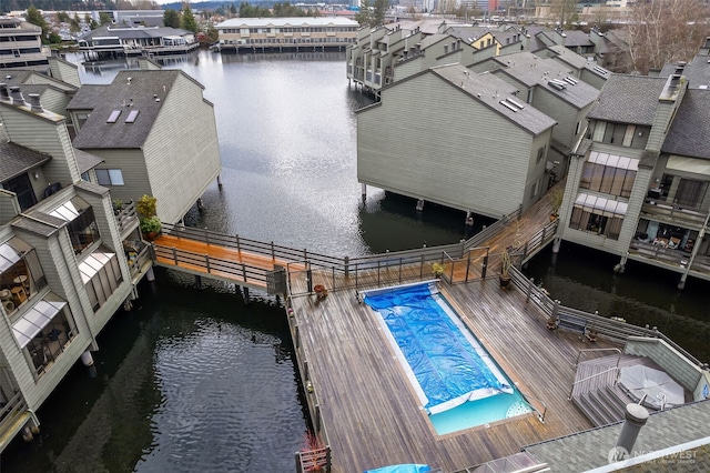 drone / aerial view featuring a water view