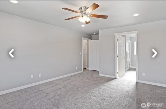 unfurnished bedroom featuring a ceiling fan, recessed lighting, carpet flooring, and baseboards