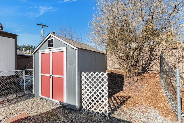 view of shed with a fenced backyard