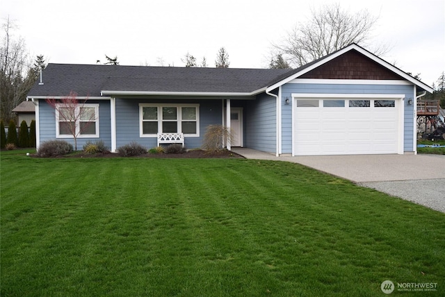 ranch-style house featuring a garage, concrete driveway, and a front yard