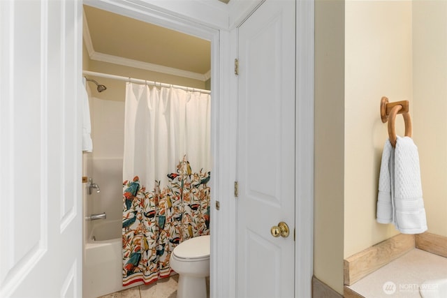 bathroom featuring toilet, ornamental molding, and shower / bath combination with curtain