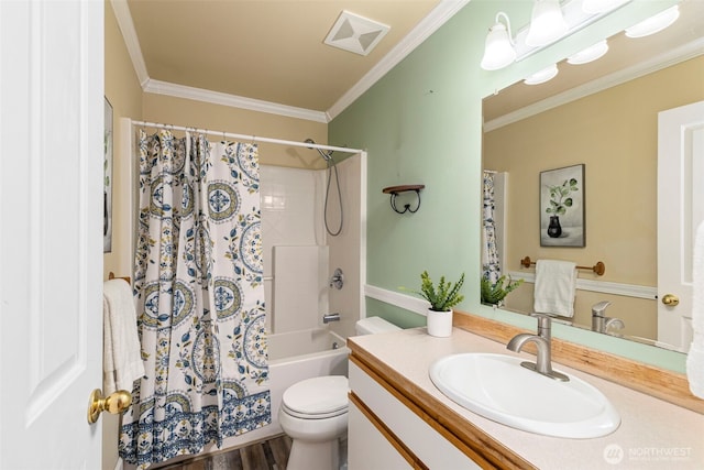 full bath featuring shower / bath combo, visible vents, toilet, crown molding, and vanity