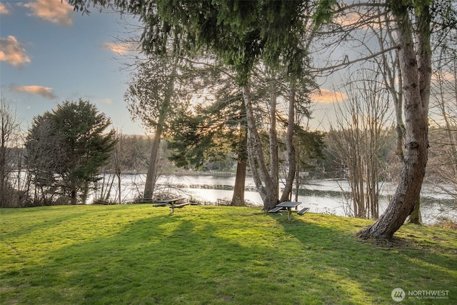 yard at dusk featuring a water view