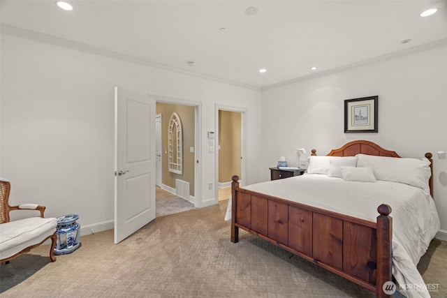 bedroom with light carpet, visible vents, baseboards, crown molding, and recessed lighting