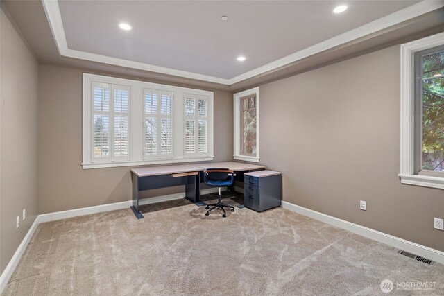 office with recessed lighting, carpet floors, visible vents, baseboards, and a raised ceiling