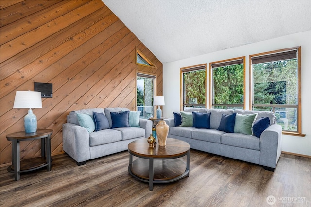 living area with vaulted ceiling, a textured ceiling, and wood finished floors