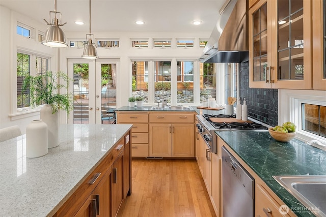 kitchen featuring island exhaust hood, glass insert cabinets, light wood-style floors, appliances with stainless steel finishes, and decorative light fixtures