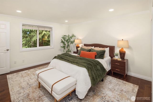 bedroom with recessed lighting, wood finished floors, baseboards, and ornamental molding