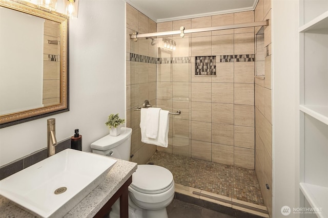 bathroom with toilet, a stall shower, and vanity