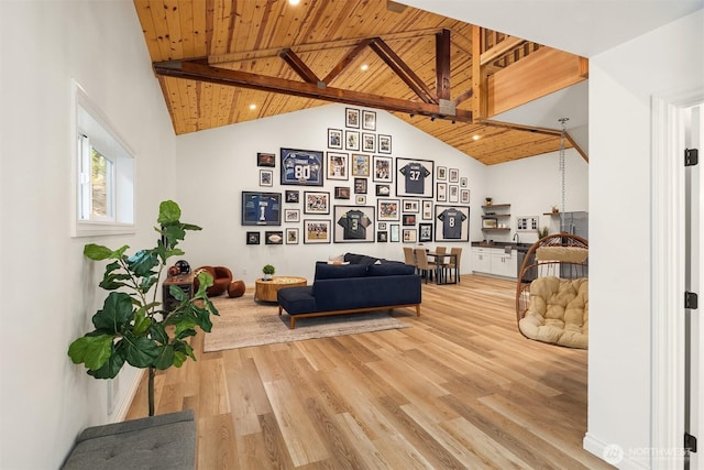 living room featuring light wood-type flooring, beam ceiling, high vaulted ceiling, and wooden ceiling