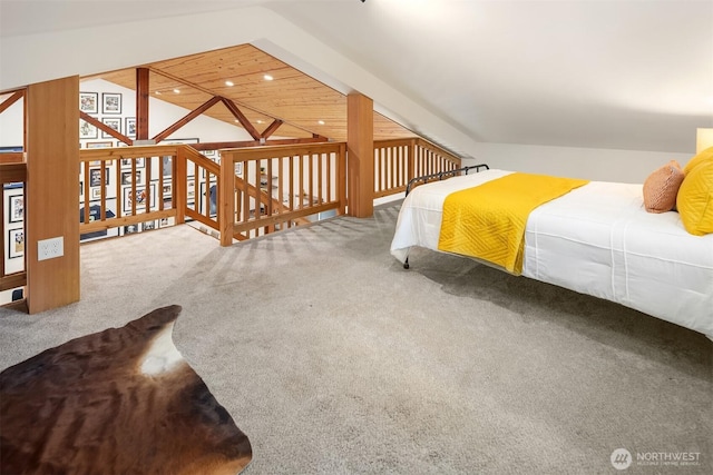 bedroom with vaulted ceiling with beams, recessed lighting, and carpet floors